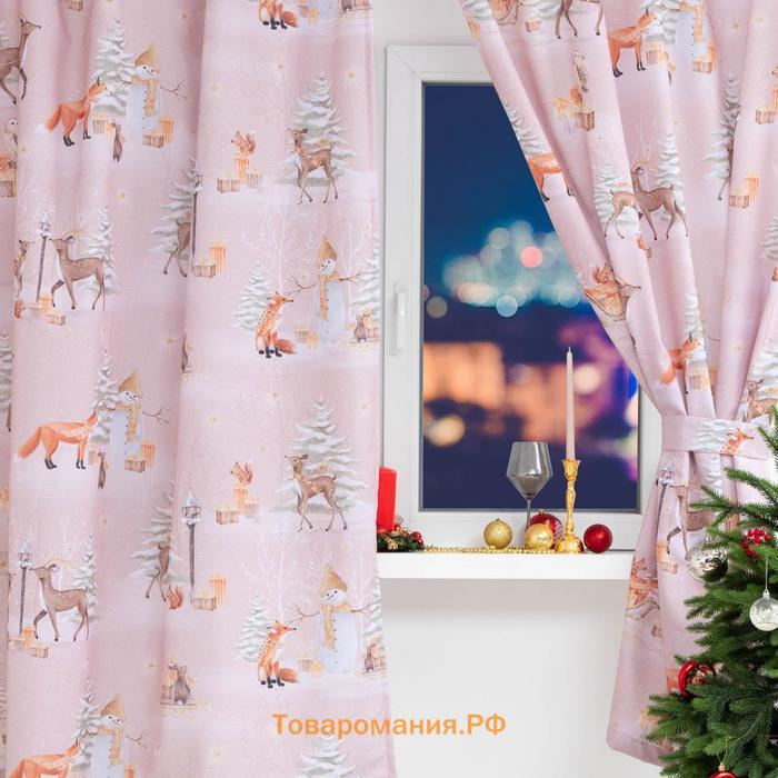 Новый год. Новогодний комплект штор для кухни с подхватами "Christmas forest" 145х180см-2 шт, габардин