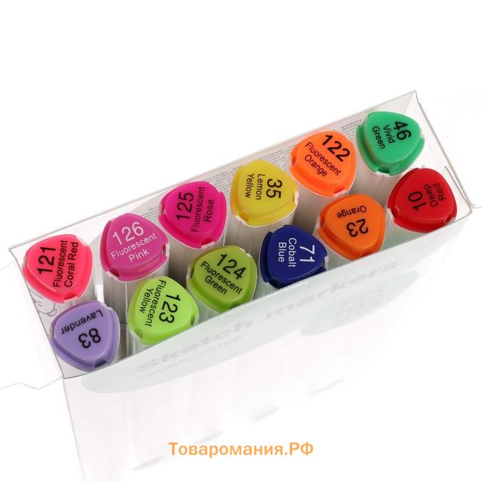 Маркеры для скетчинга двусторонние MESHU, 12 цветов (основные и флуоресцентные цвета), трехгранный корпус