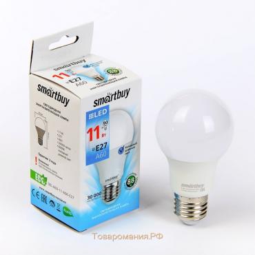Лампа cветодиодная Smartbuy, E27, A60, 11 Вт, 6000 К, холодный белый свет